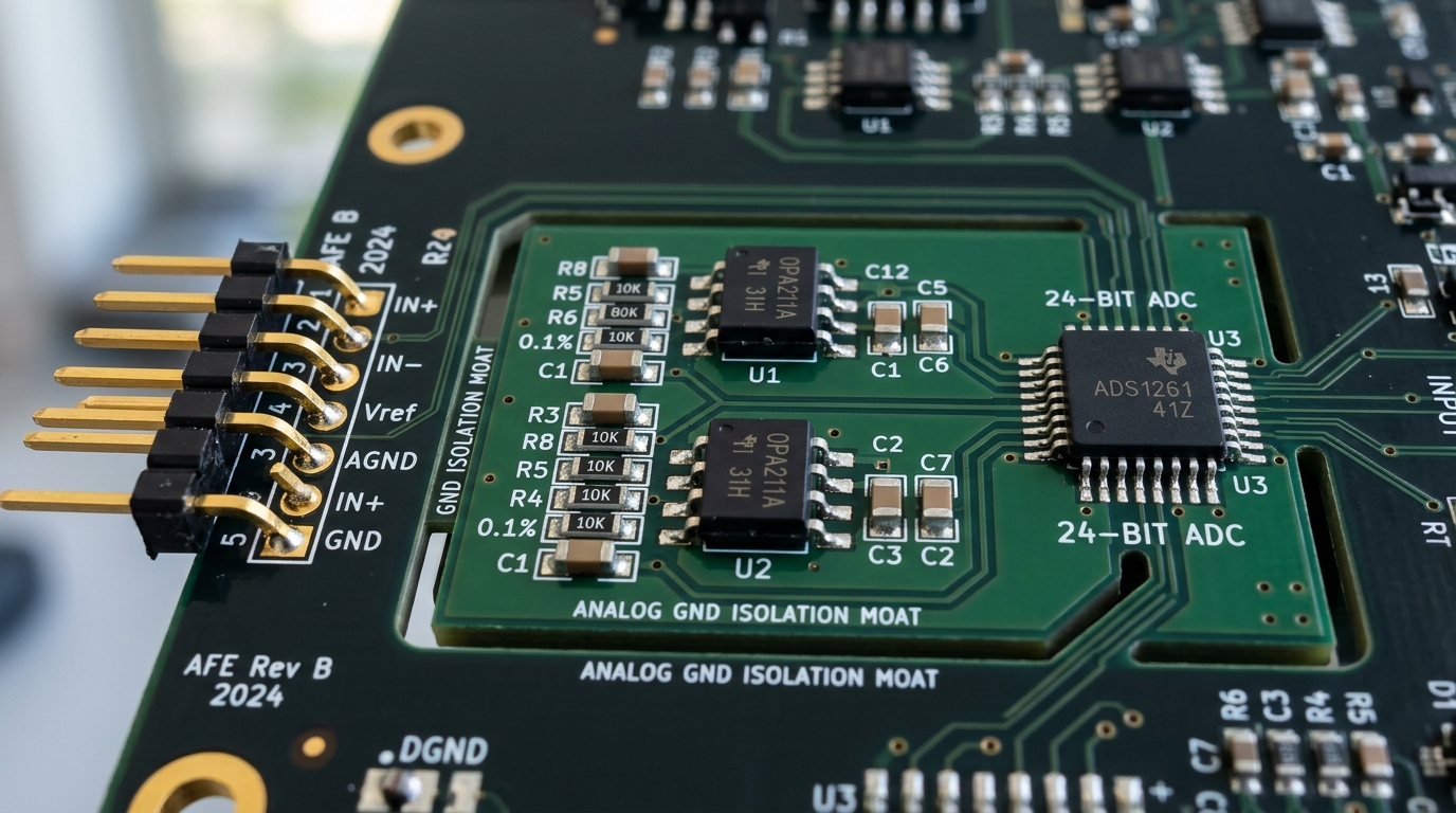Precision low-noise analog front-end PCB layout with isolated ground plane, instrumentation amplifier and 24-bit delta-sigma ADC